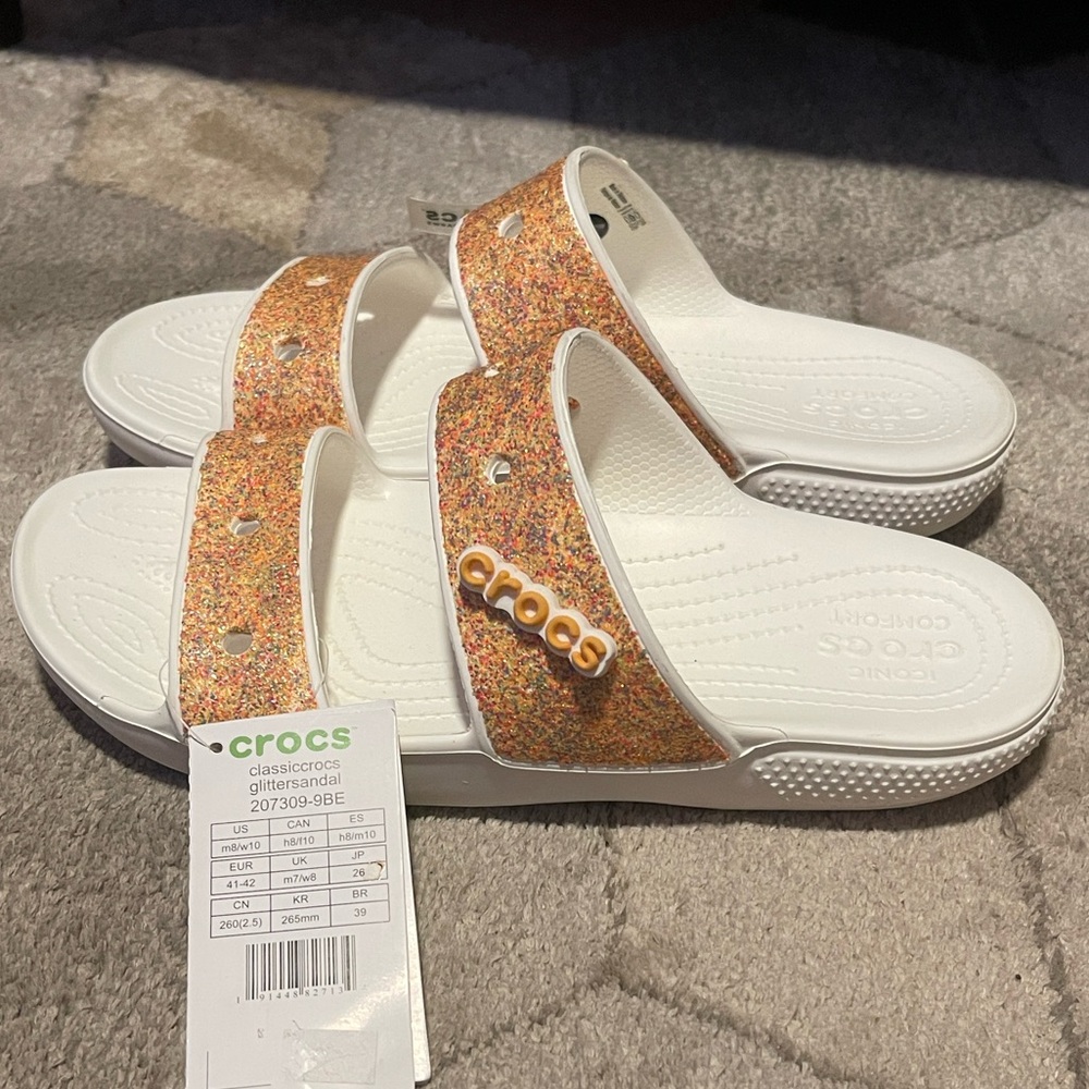 CROCS White and Orange Glitter Slide Sandals